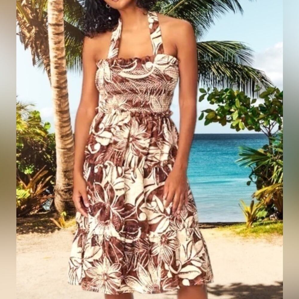 Sam Edelman Women’s Dress Large‎ Jennie Printed Smocked Slit-Front Halter Midi